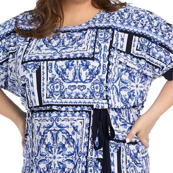 R & M Richards Plus Size Printed Blouson A-Line Dress White/Denim Sz 20W - Picture 3 of 10